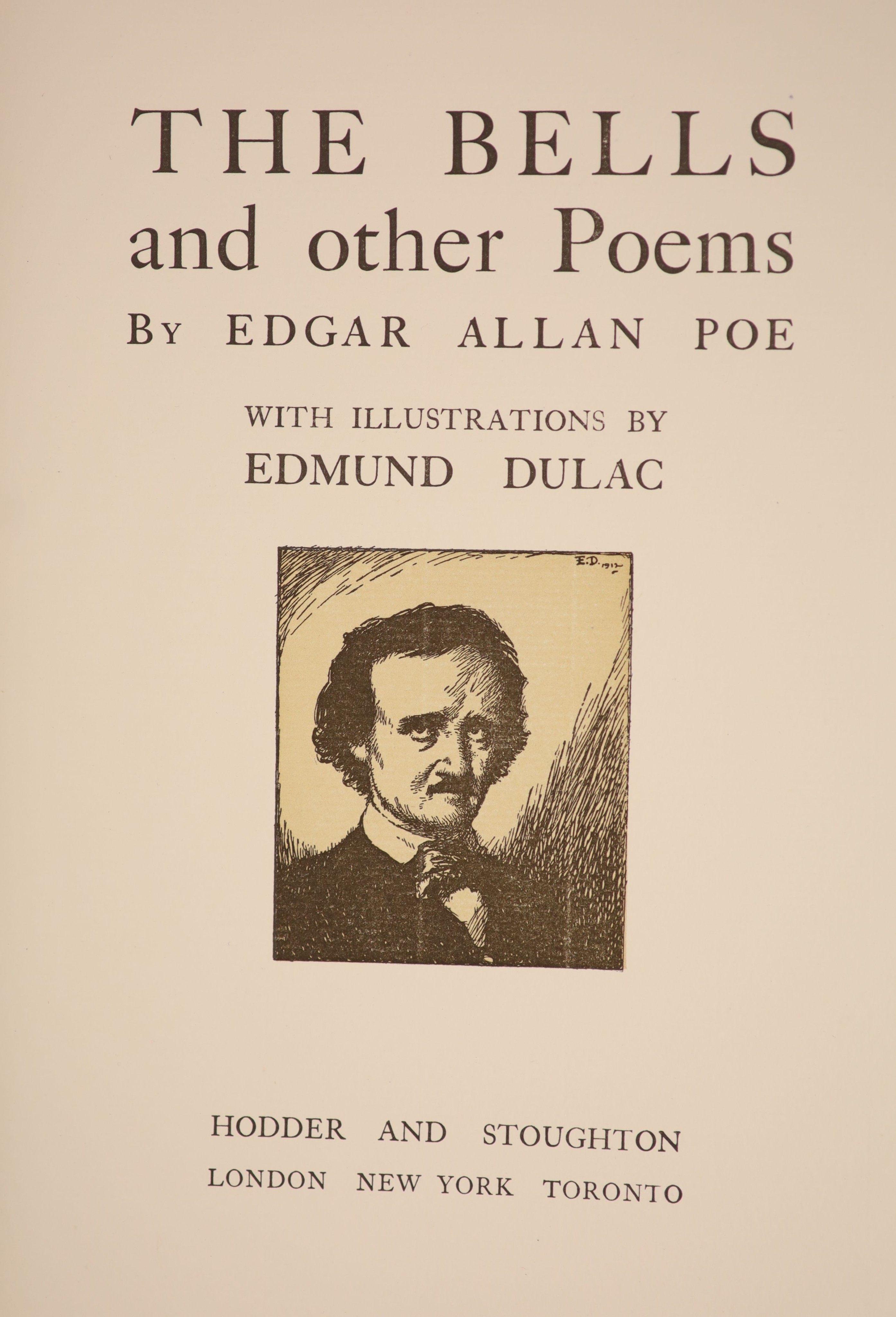 Poe, Edgar Allan - The Bells and other Poems. Complete with coloured title page vignette and 28 coloured plates by Edmund Dulac, each with a descriptive tissue guard and numerous text illustrations. Original publishers’